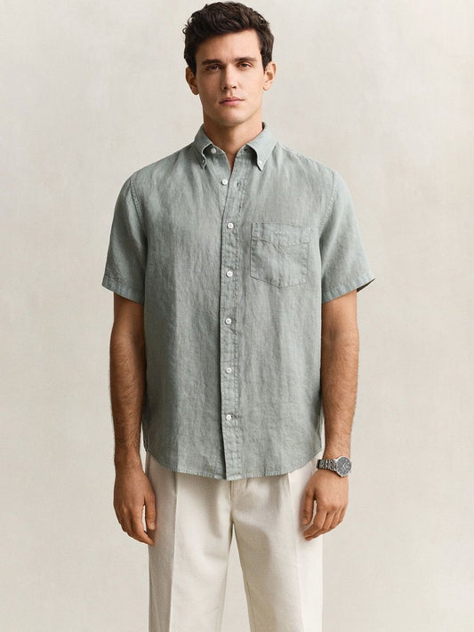 Gant Men Grey Solid Regular Fit Pure Linen Shirt
