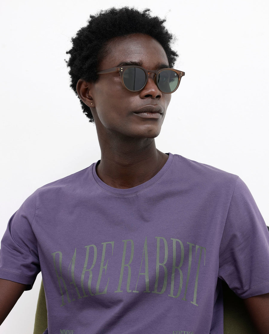 Rare Rabbit Men's Tage Dusky Purple Cotton Blend Graphic Print Regular Fit Half Sleeve Crew Neck T-Shirt