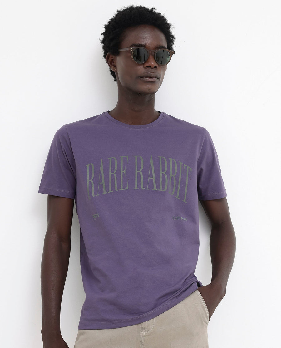 Rare Rabbit Men's Tage Dusky Purple Cotton Blend Graphic Print Regular Fit Half Sleeve Crew Neck T-Shirt