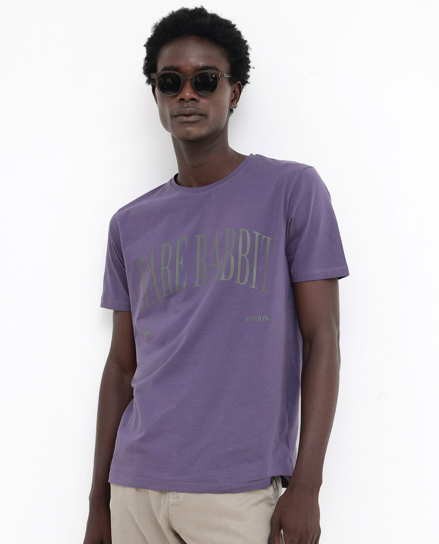 Rare Rabbit Men's Tage Dusky Purple Cotton Blend Graphic Print Regular Fit Half Sleeve Crew Neck T-Shirt