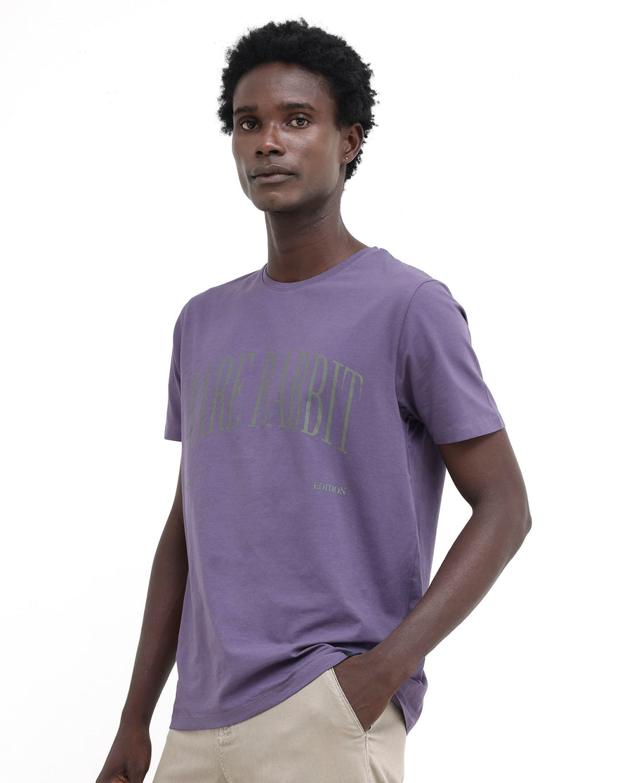 Rare Rabbit Men's Tage Dusky Purple Cotton Blend Graphic Print Regular Fit Half Sleeve Crew Neck T-Shirt