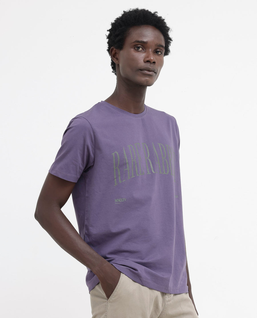 Rare Rabbit Men's Tage Dusky Purple Cotton Blend Graphic Print Regular Fit Half Sleeve Crew Neck T-Shirt