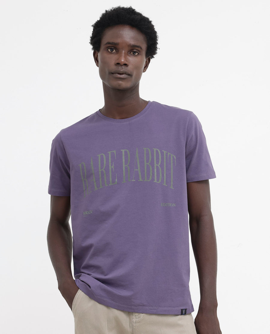 Rare Rabbit Men's Tage Dusky Purple Cotton Blend Graphic Print Regular Fit Half Sleeve Crew Neck T-Shirt