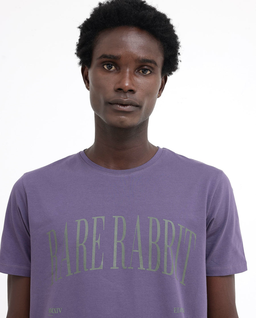 Rare Rabbit Men's Tage Dusky Purple Cotton Blend Graphic Print Regular Fit Half Sleeve Crew Neck T-Shirt