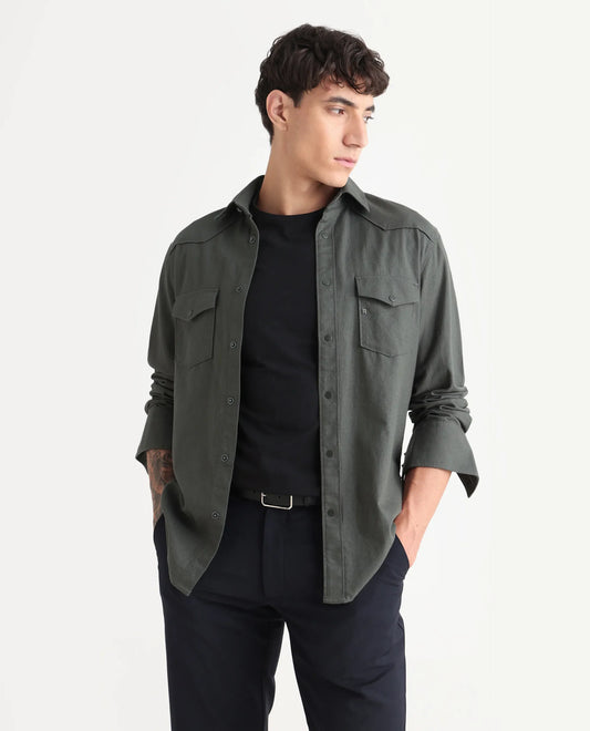 Rare Rabbit Men's Taison-25 Dark Grey Cotton Plain Regular Fit Full Sleeve Collared Shirt