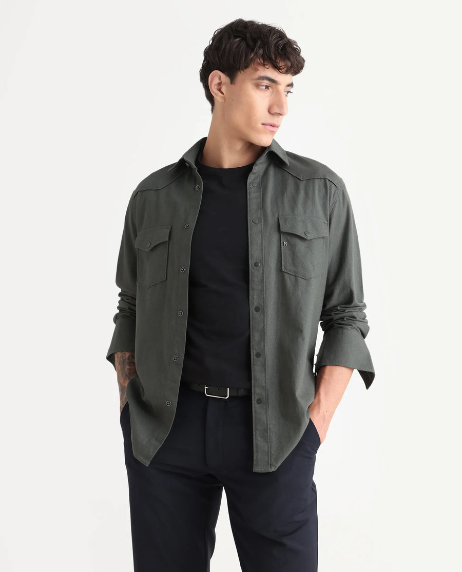 Rare Rabbit Men's Taison-25 Dark Grey Cotton Plain Regular Fit Full Sleeve Collared Shirt