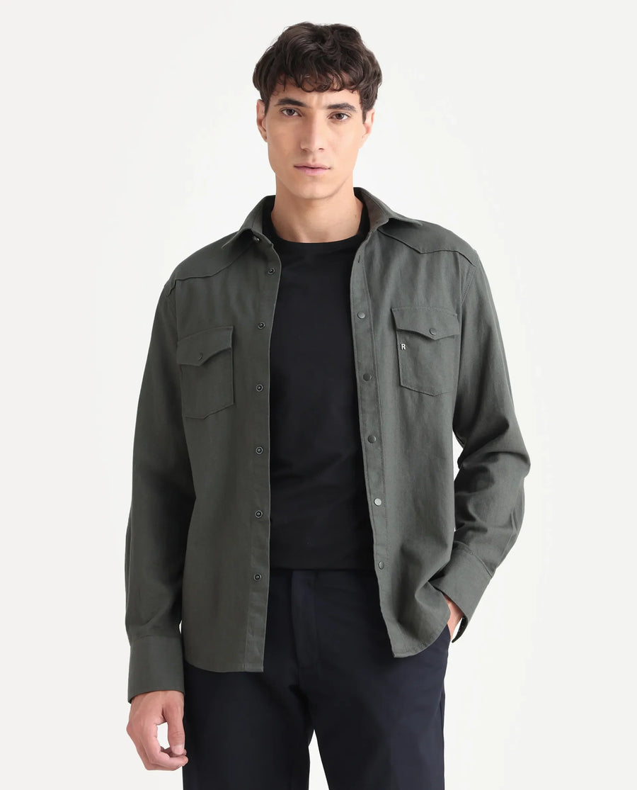 Rare Rabbit Men's Taison-25 Dark Grey Cotton Plain Regular Fit Full Sleeve Collared Shirt