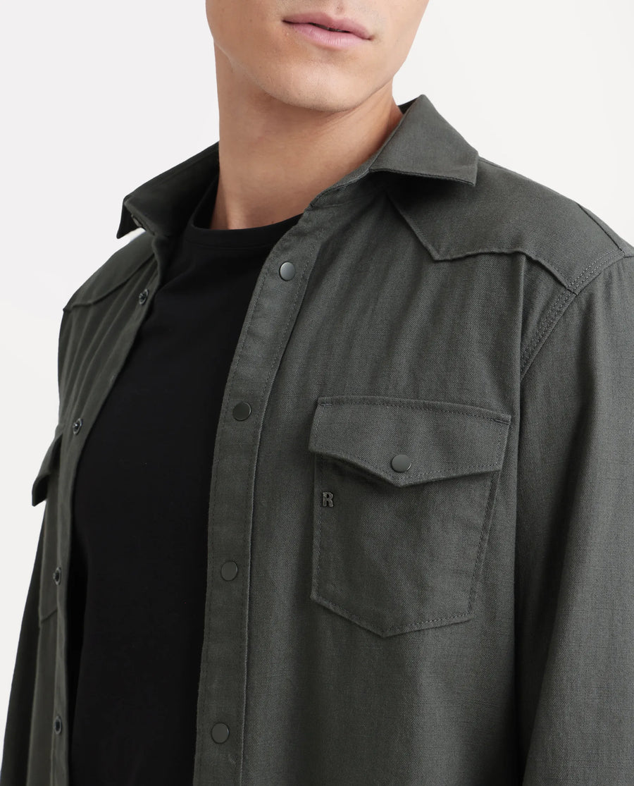 Rare Rabbit Men's Taison-25 Dark Grey Cotton Plain Regular Fit Full Sleeve Collared Shirt