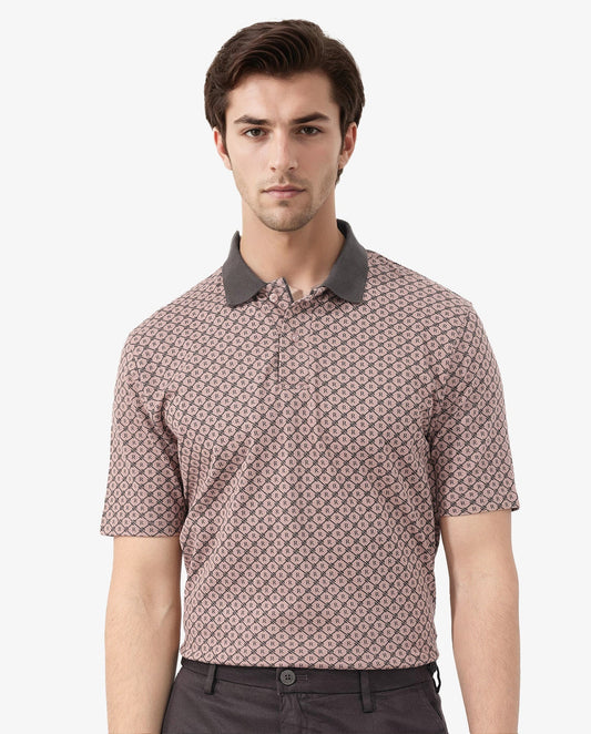 Rare Rabbit Men's Talbot Dusky Peach Cotton Monogram Print Regular Fit Half Sleeve Polo