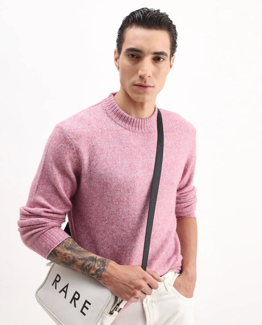 Rare Rabbit Men's Tali Light Pink Cotton Plain Regular Fit Full Sleeve Crew Neck Sweater