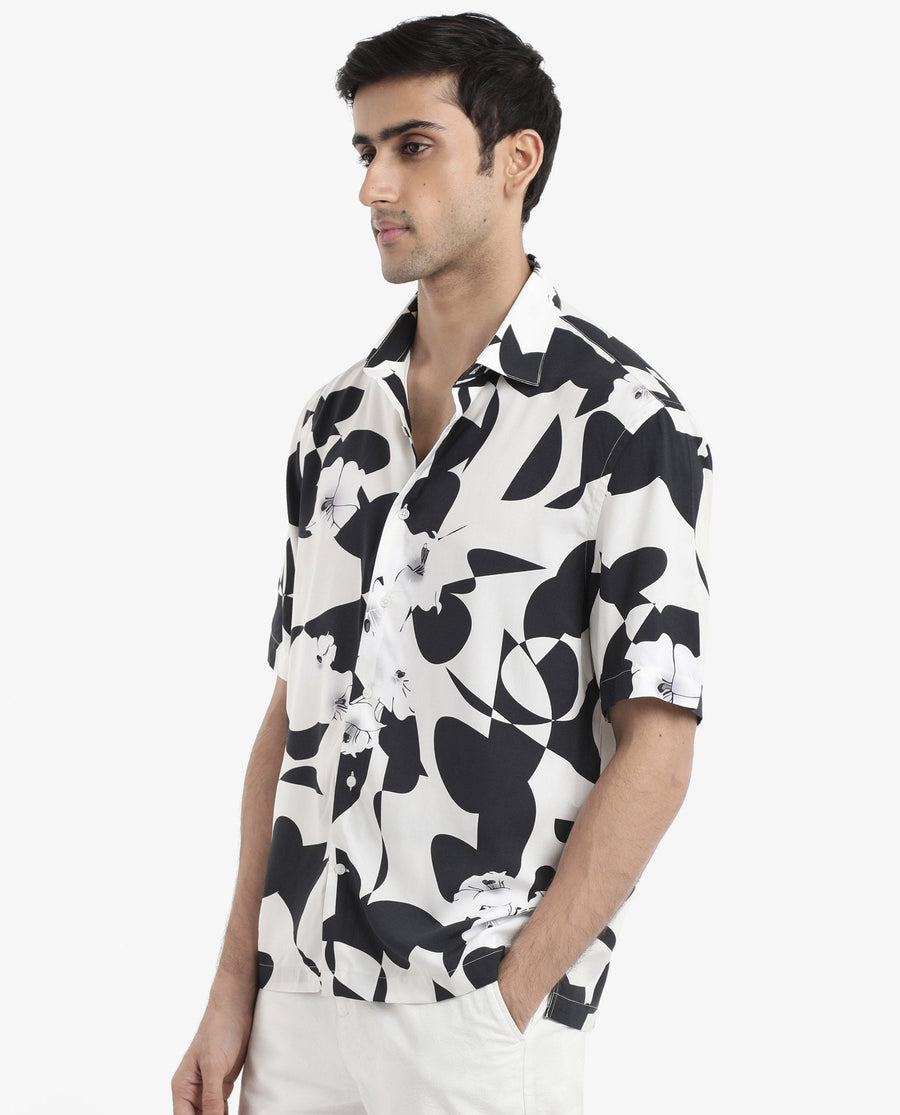 Rare Rabbit Men's Talitha White Viscose Polka Print Boxy Fit Half Sleeve Collared Shirt