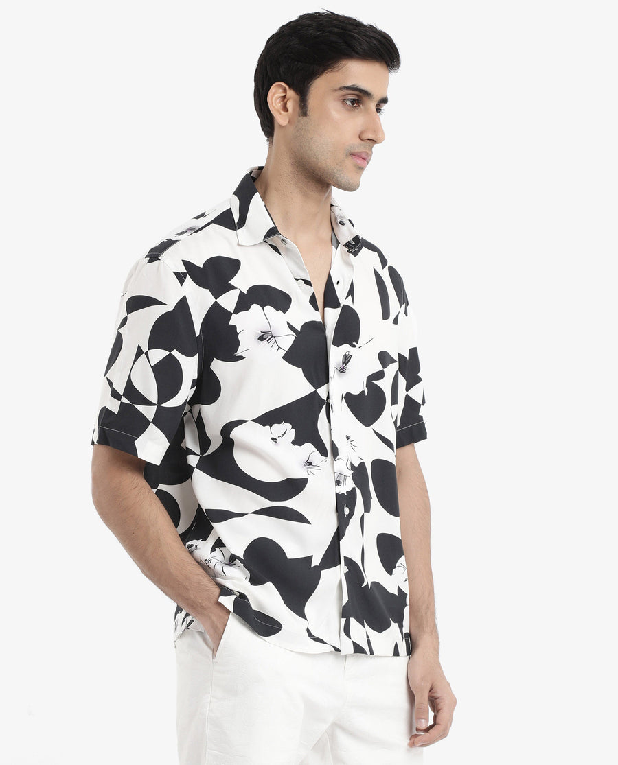 Rare Rabbit Men's Talitha White Viscose Polka Print Boxy Fit Half Sleeve Collared Shirt