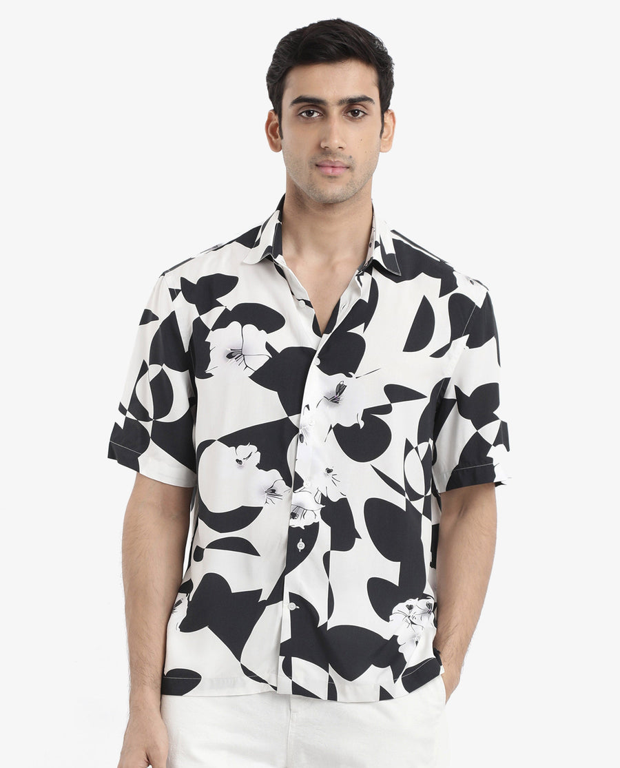 Rare Rabbit Men's Talitha White Viscose Polka Print Boxy Fit Half Sleeve Collared Shirt