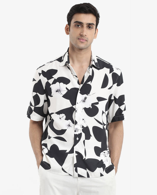 Rare Rabbit Men's Talitha White Viscose Polka Print Boxy Fit Half Sleeve Collared Shirt