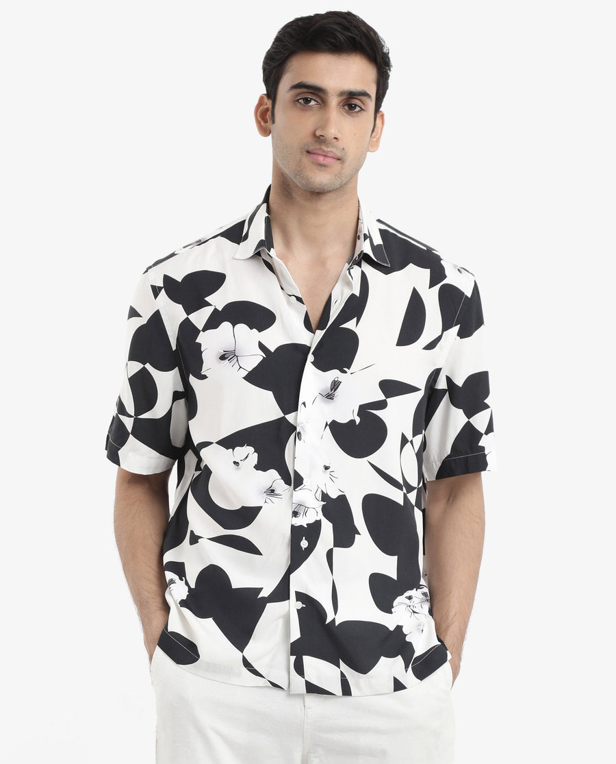 Rare Rabbit Men's Talitha White Viscose Polka Print Boxy Fit Half Sleeve Collared Shirt