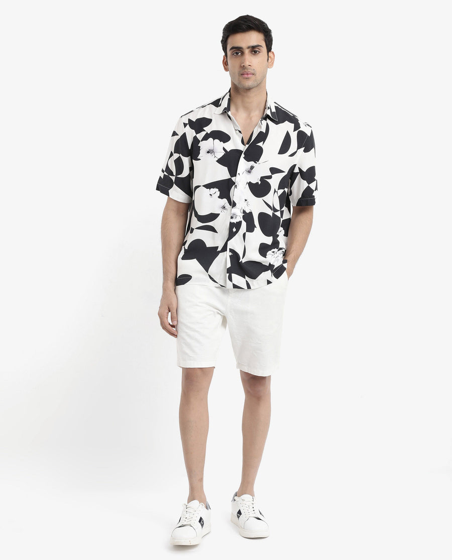 Rare Rabbit Men's Talitha White Viscose Polka Print Boxy Fit Half Sleeve Collared Shirt