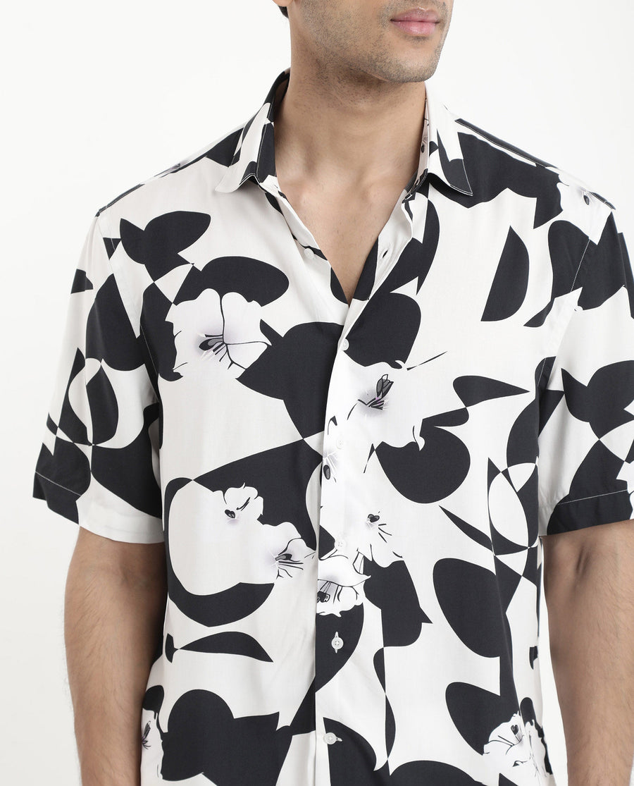 Rare Rabbit Men's Talitha White Viscose Polka Print Boxy Fit Half Sleeve Collared Shirt