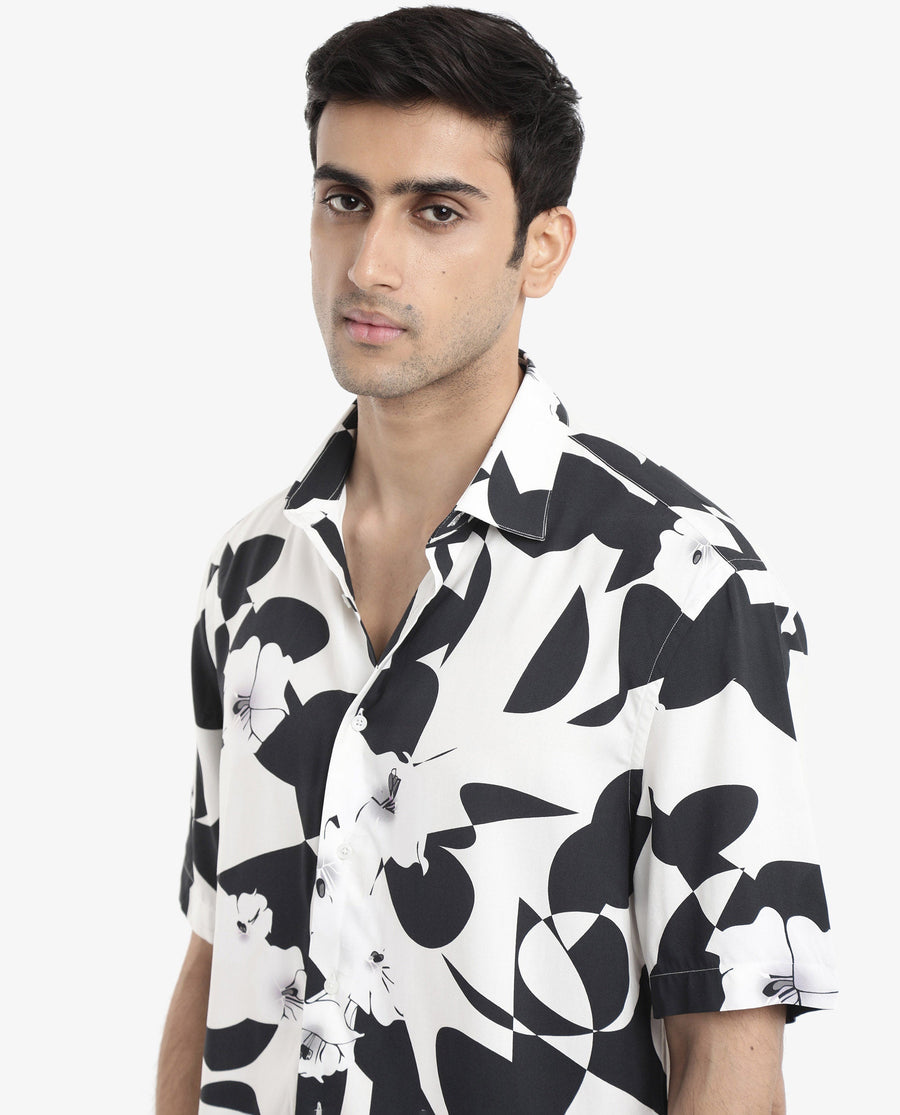Rare Rabbit Men's Talitha White Viscose Polka Print Boxy Fit Half Sleeve Collared Shirt