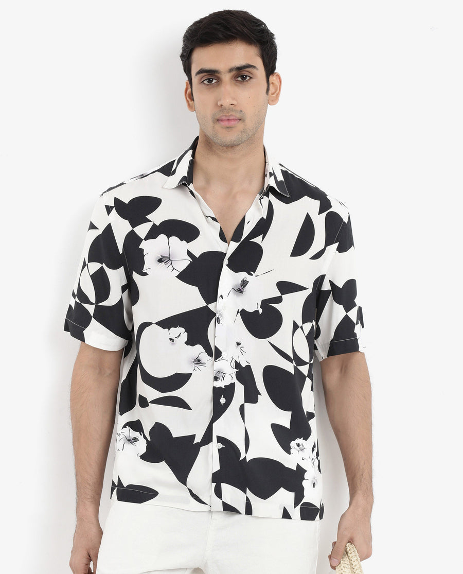 Rare Rabbit Men's Talitha White Viscose Polka Print Boxy Fit Half Sleeve Collared Shirt