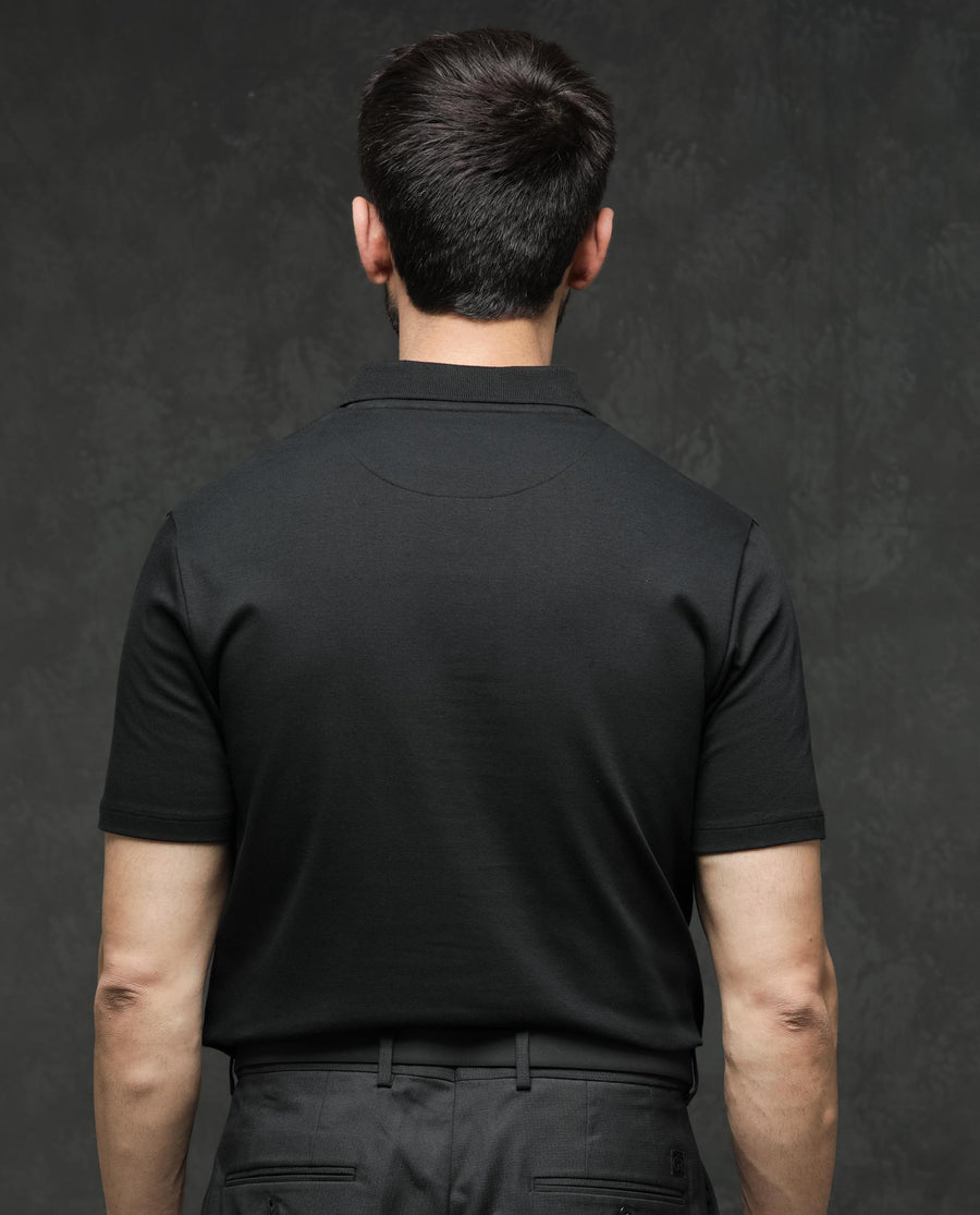 Rare Rabbit Men's Tang Black Cotton Plain Regular Fit Half Sleeve Polo