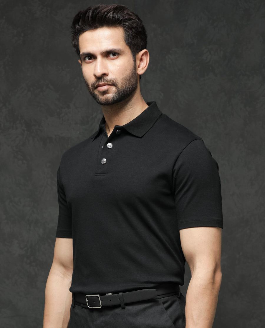Rare Rabbit Men's Tang Black Cotton Plain Regular Fit Half Sleeve Polo