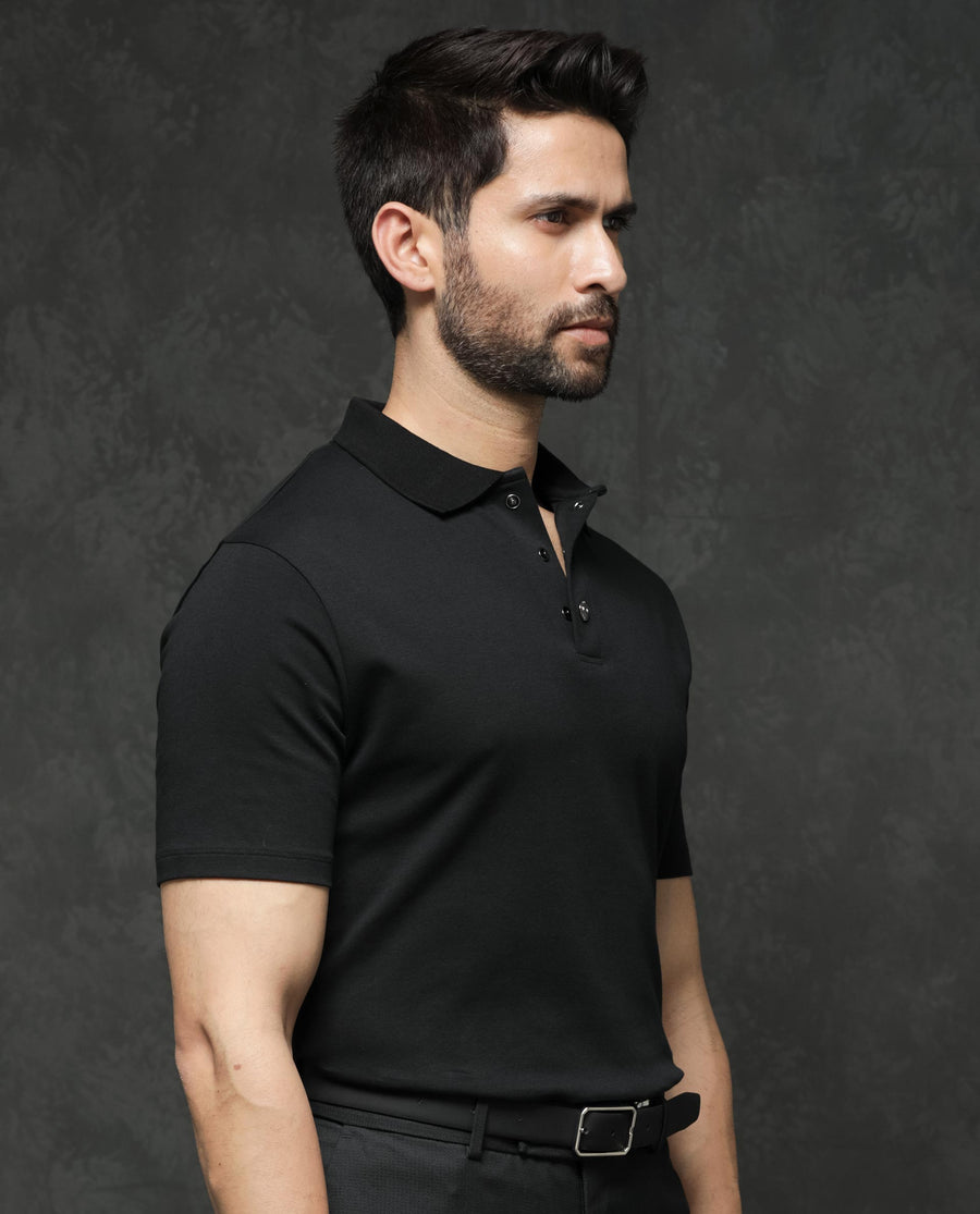 Rare Rabbit Men's Tang Black Cotton Plain Regular Fit Half Sleeve Polo
