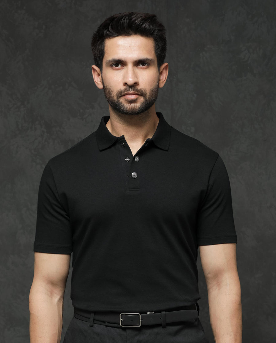Rare Rabbit Men's Tang Black Cotton Plain Regular Fit Half Sleeve Polo