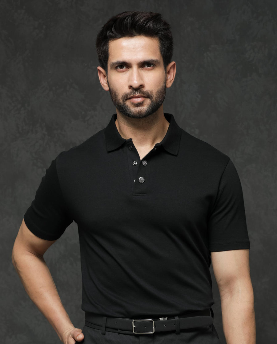 Rare Rabbit Men's Tang Black Cotton Plain Regular Fit Half Sleeve Polo