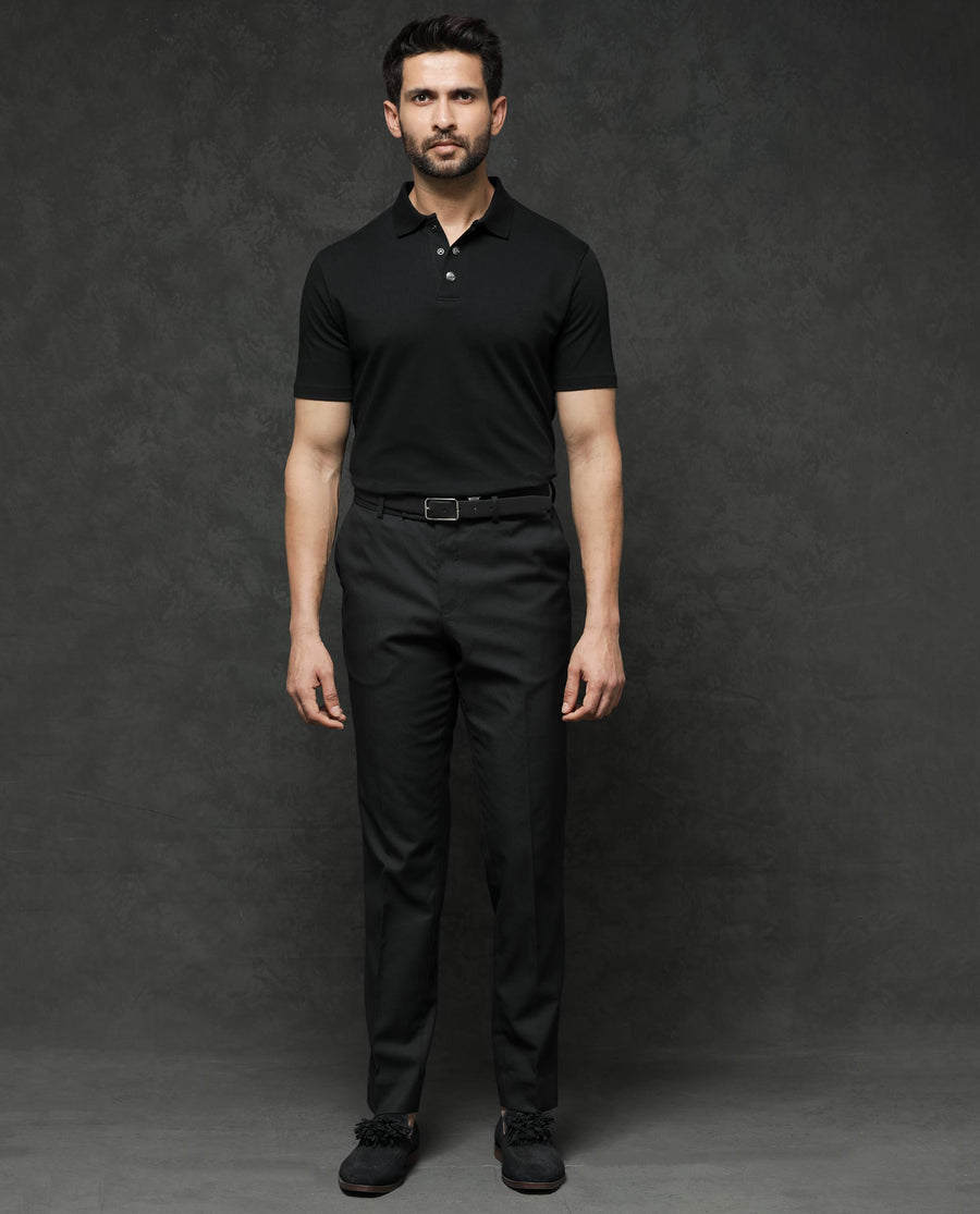 Rare Rabbit Men's Tang Black Cotton Plain Regular Fit Half Sleeve Polo