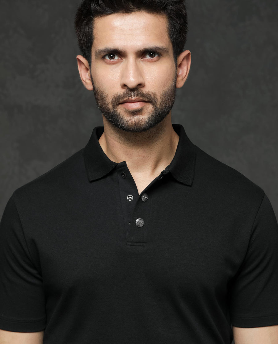 Rare Rabbit Men's Tang Black Cotton Plain Regular Fit Half Sleeve Polo
