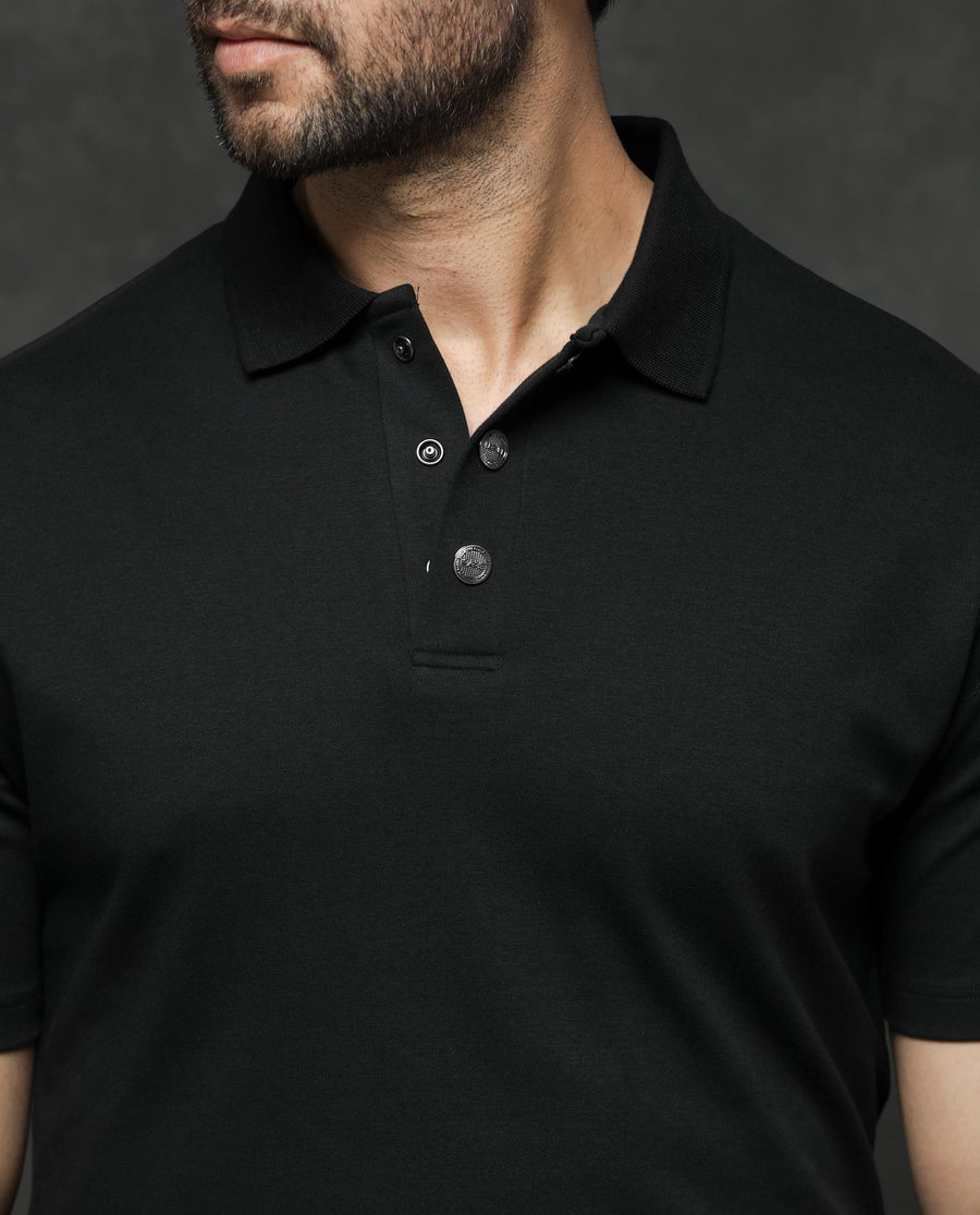 Rare Rabbit Men's Tang Black Cotton Plain Regular Fit Half Sleeve Polo