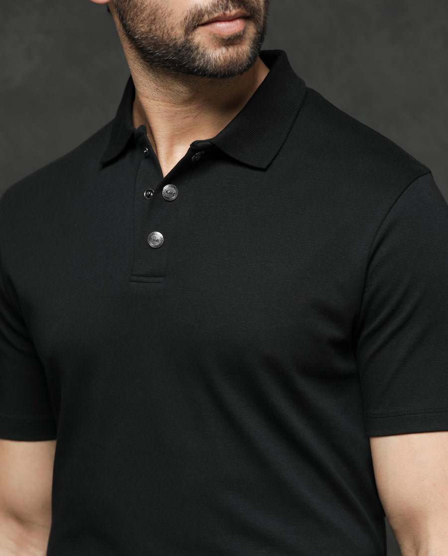 Rare Rabbit Men's Tang Black Cotton Plain Regular Fit Half Sleeve Polo