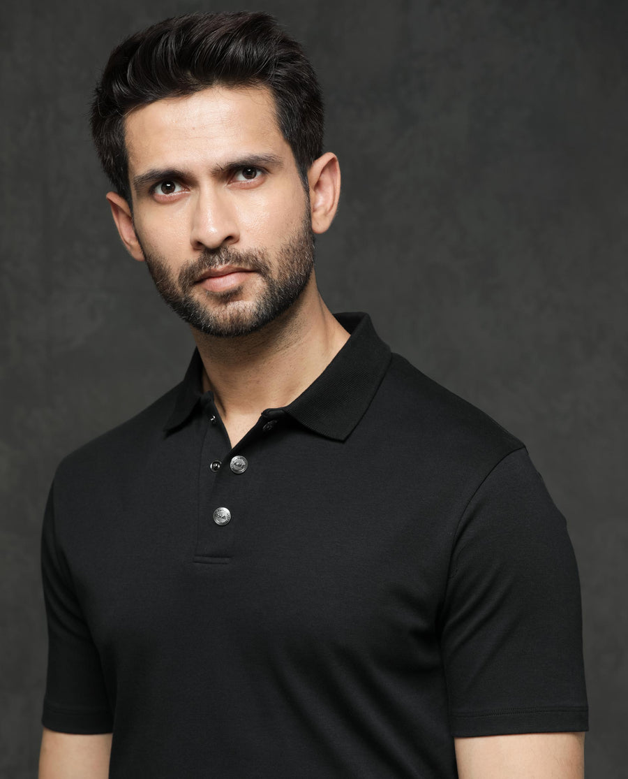 Rare Rabbit Men's Tang Black Cotton Plain Regular Fit Half Sleeve Polo