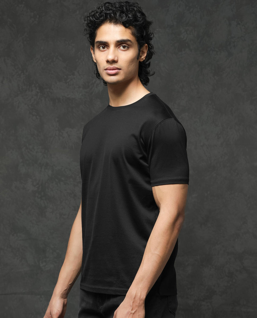 Rare Rabbit Men's Tangos Black Cotton Plain Regular Fit Half Sleeve Crew Neck T-Shirt