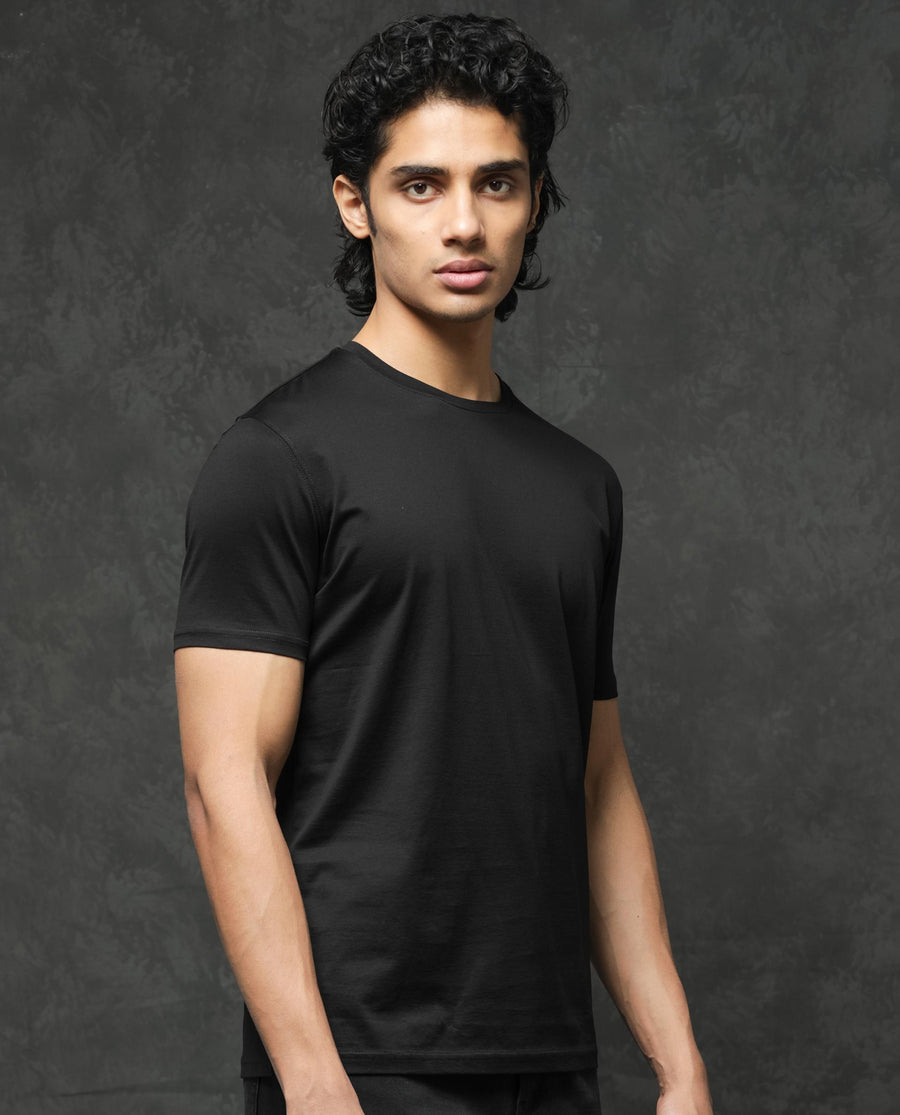 Rare Rabbit Men's Tangos Black Cotton Plain Regular Fit Half Sleeve Crew Neck T-Shirt