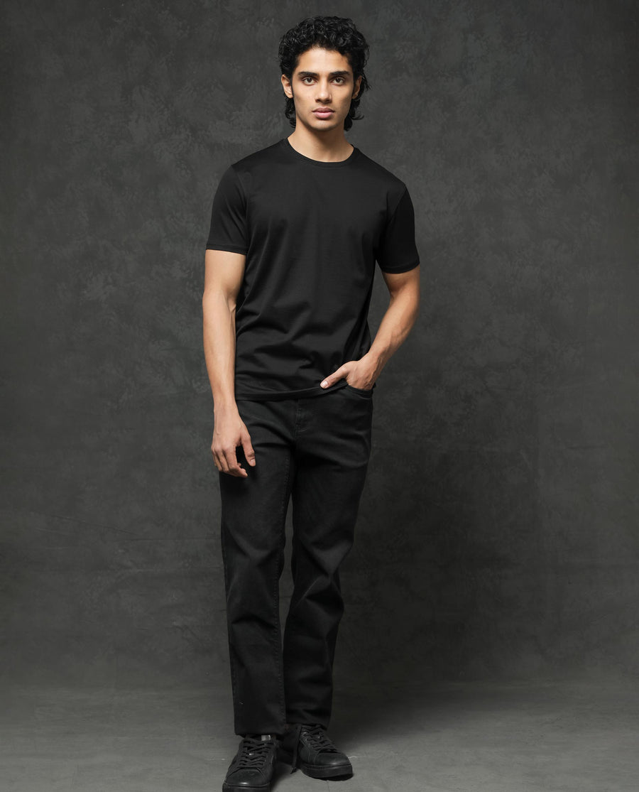Rare Rabbit Men's Tangos Black Cotton Plain Regular Fit Half Sleeve Crew Neck T-Shirt