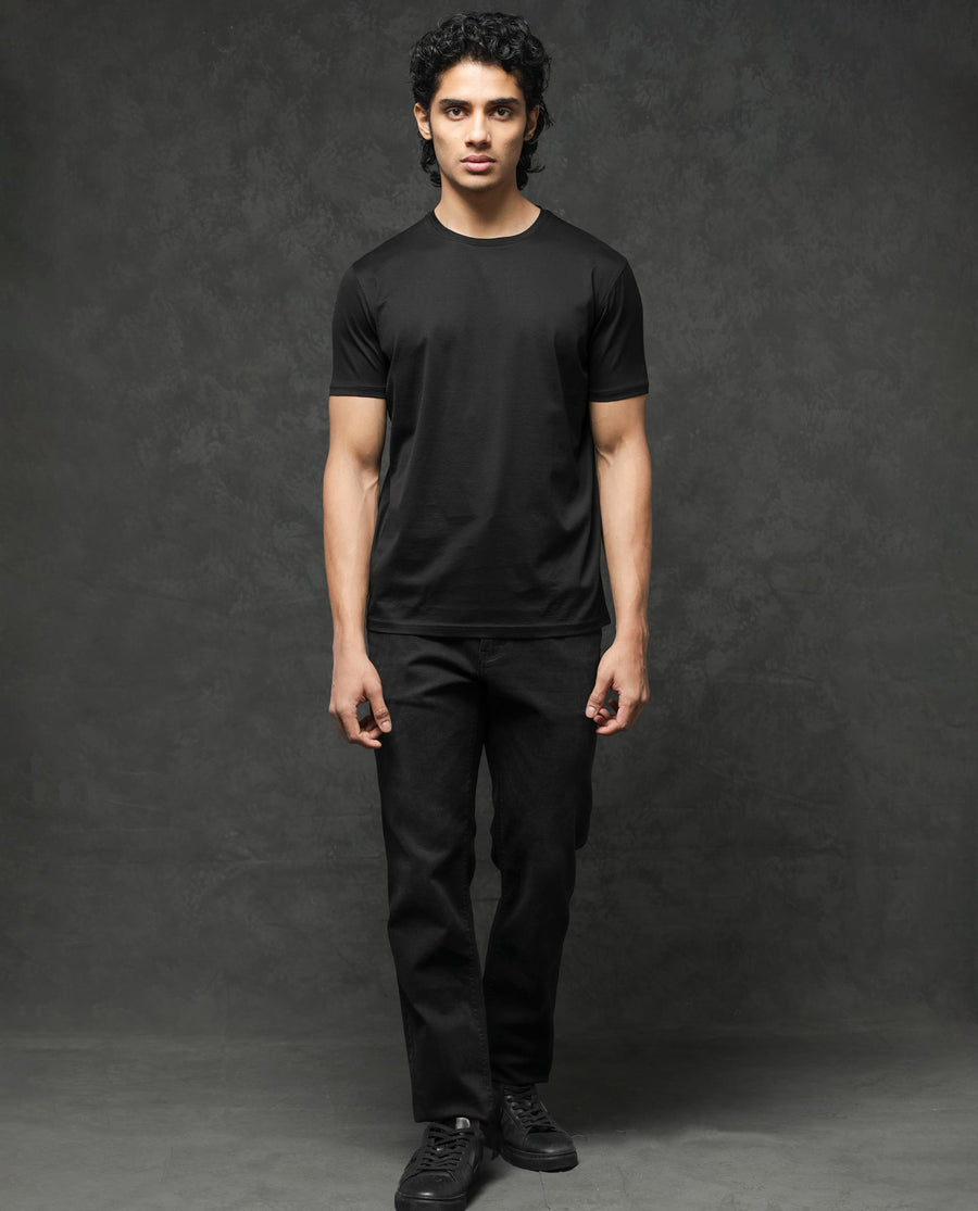 Rare Rabbit Men's Tangos Black Cotton Plain Regular Fit Half Sleeve Crew Neck T-Shirt