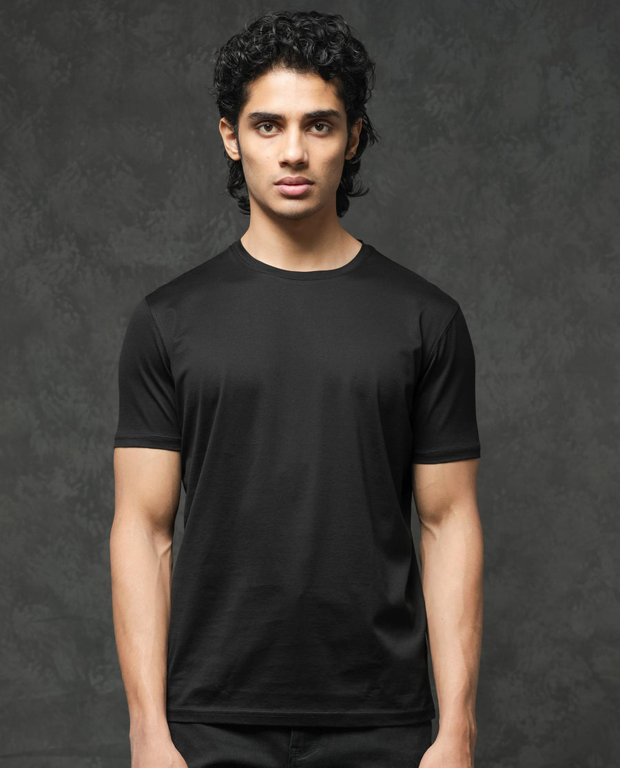 Rare Rabbit Men's Tangos Black Cotton Plain Regular Fit Half Sleeve Crew Neck T-Shirt
