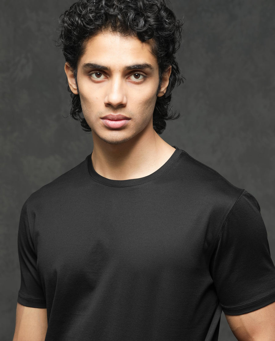 Rare Rabbit Men's Tangos Black Cotton Plain Regular Fit Half Sleeve Crew Neck T-Shirt