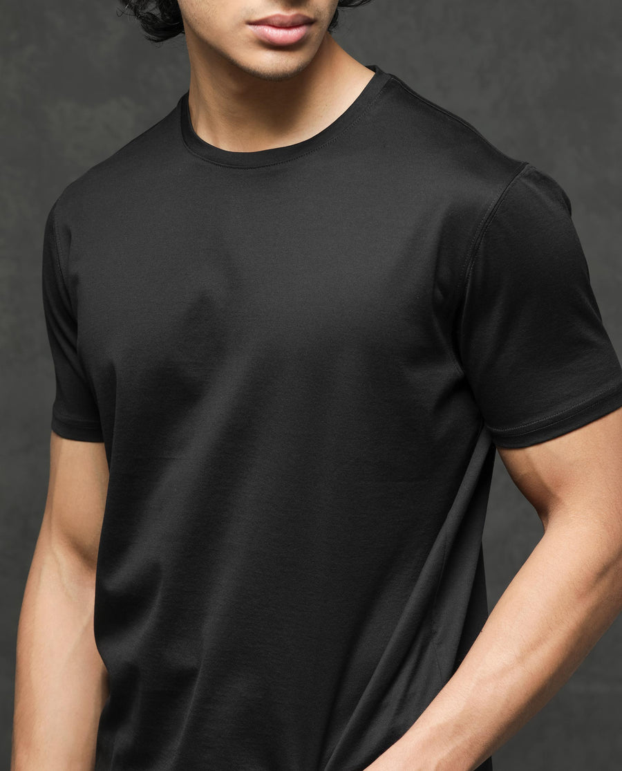 Rare Rabbit Men's Tangos Black Cotton Plain Regular Fit Half Sleeve Crew Neck T-Shirt