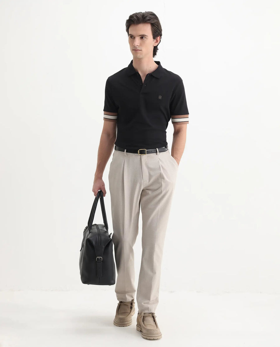 Rare Rabbit Men's Tao Black Cotton Plain Regular Fit Half Sleeve Polo