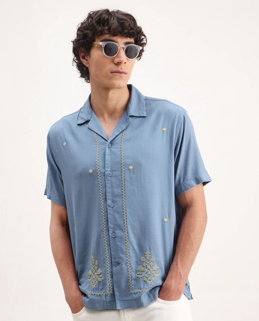 Rare Rabbit Men's Tared Dusky Blue Cotton Embroidered Boxy Fit Half Sleeve Cuban Collar Shirt