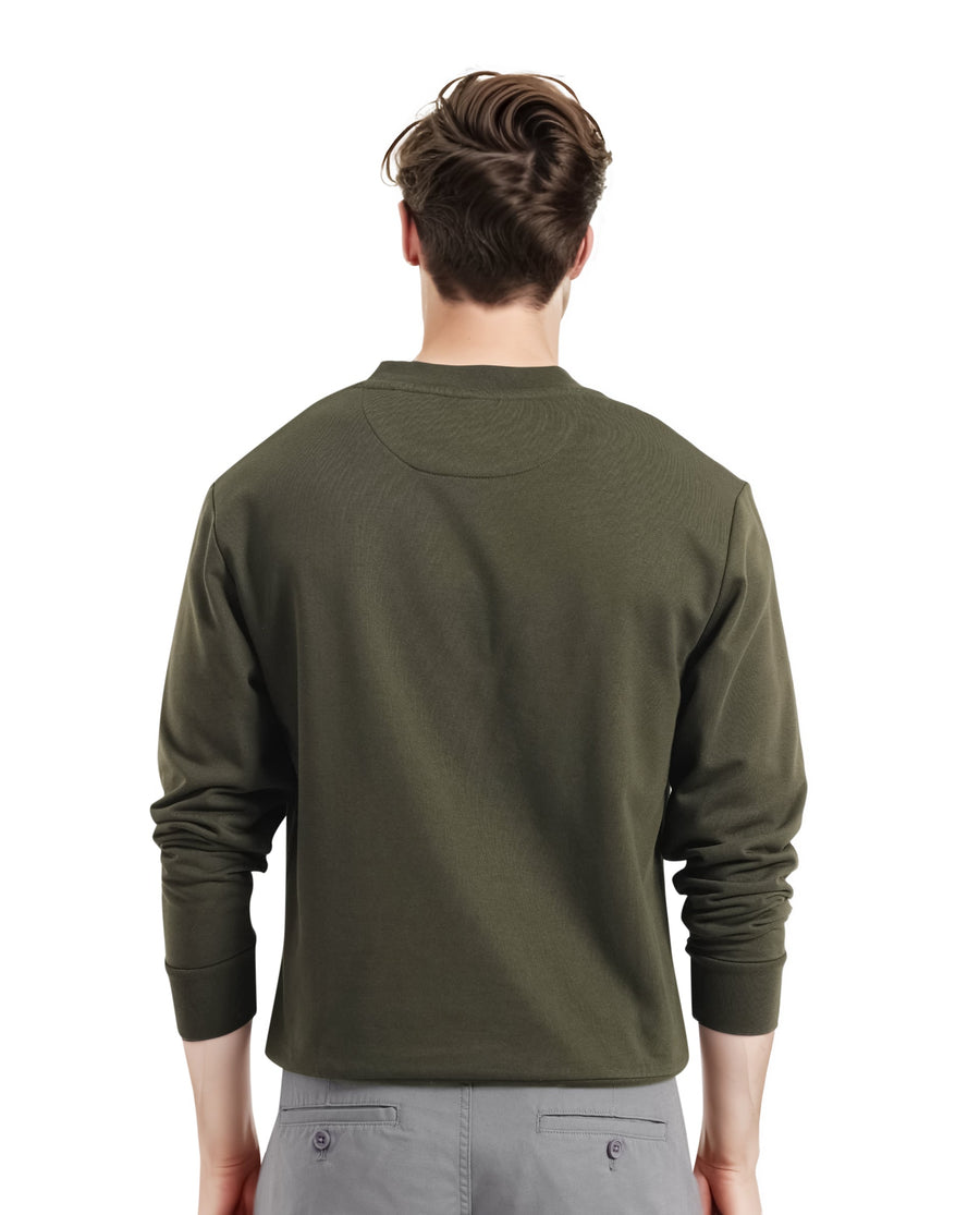 Rare Rabbit Men's Tarol Olive Cotton Blend Graphic Print Boxy Fit Full Sleeve Crew Neck Sweatshirt