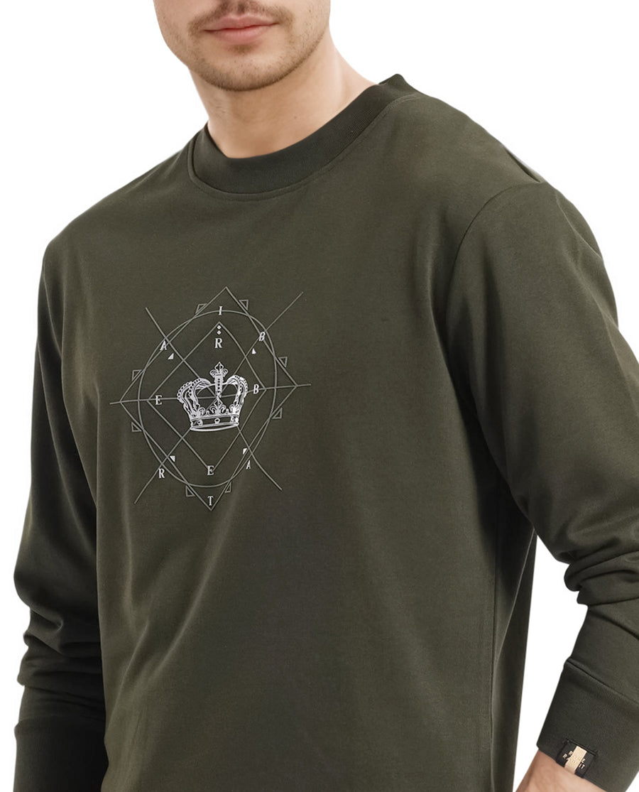 Rare Rabbit Men's Tarol Olive Cotton Blend Graphic Print Boxy Fit Full Sleeve Crew Neck Sweatshirt