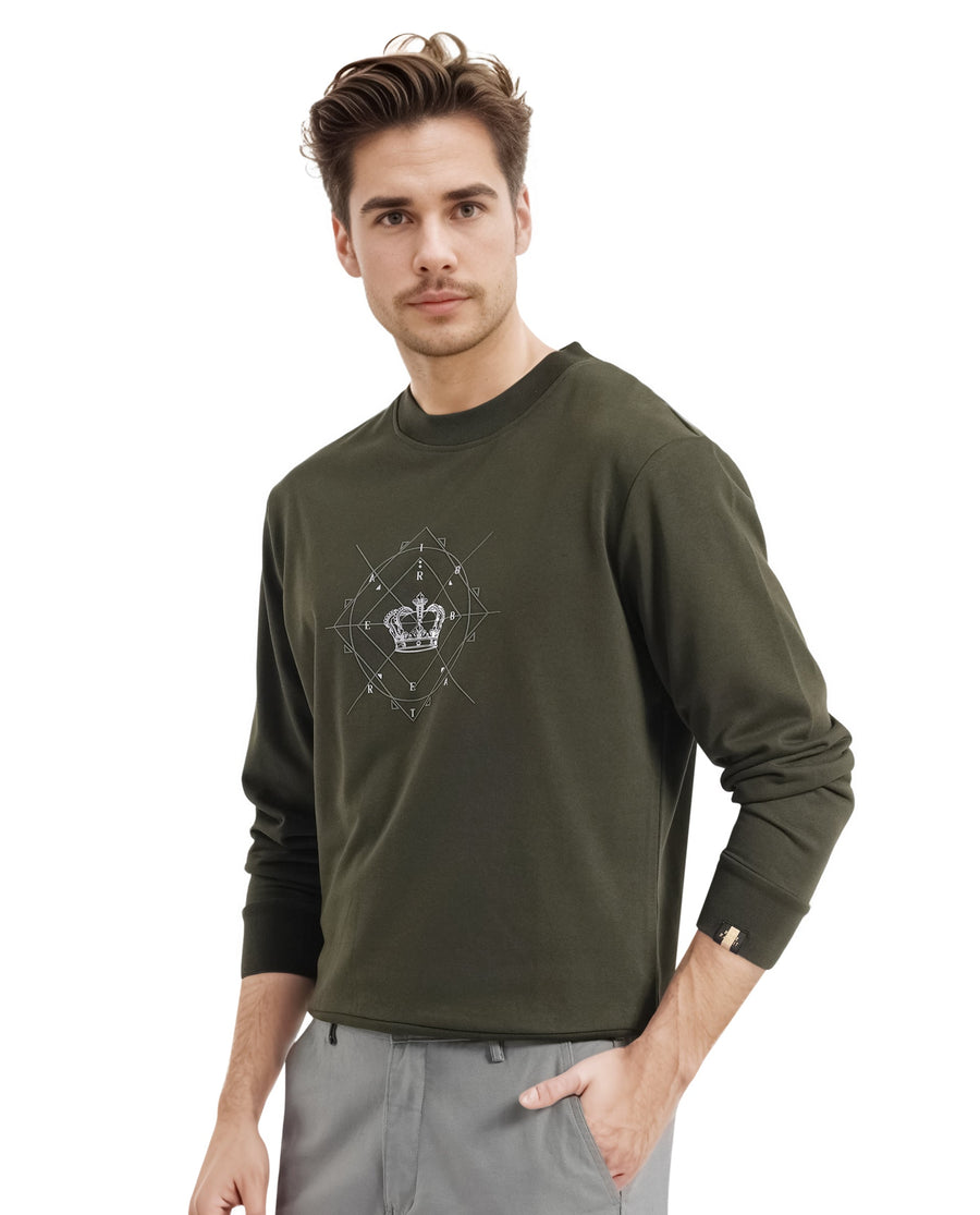 Rare Rabbit Men's Tarol Olive Cotton Blend Graphic Print Boxy Fit Full Sleeve Crew Neck Sweatshirt