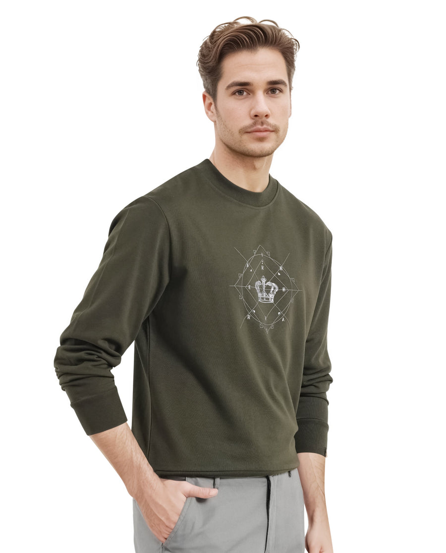 Rare Rabbit Men's Tarol Olive Cotton Blend Graphic Print Boxy Fit Full Sleeve Crew Neck Sweatshirt