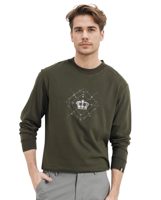 Rare Rabbit Men's Tarol Olive Cotton Blend Graphic Print Boxy Fit Full Sleeve Crew Neck Sweatshirt