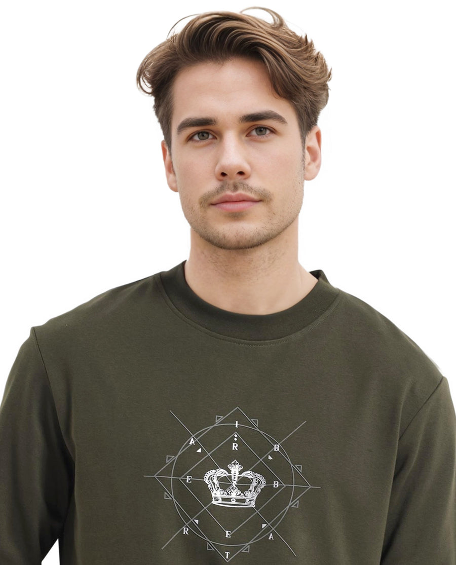 Rare Rabbit Men's Tarol Olive Cotton Blend Graphic Print Boxy Fit Full Sleeve Crew Neck Sweatshirt