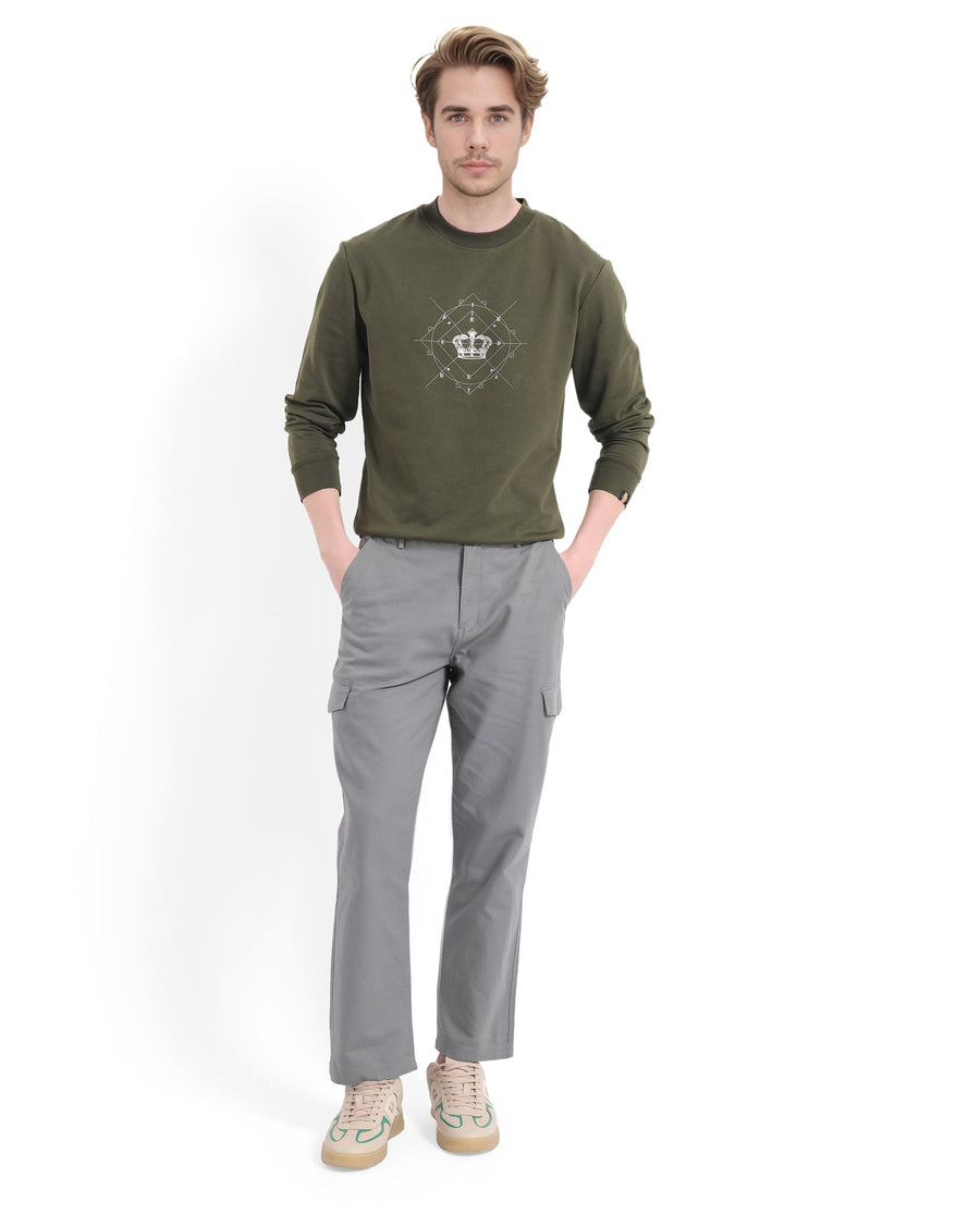 Rare Rabbit Men's Tarol Olive Cotton Blend Graphic Print Boxy Fit Full Sleeve Crew Neck Sweatshirt