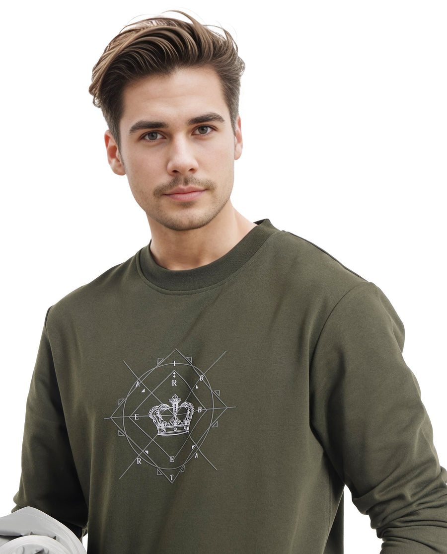 Rare Rabbit Men's Tarol Olive Cotton Blend Graphic Print Boxy Fit Full Sleeve Crew Neck Sweatshirt